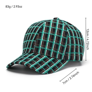 Classic plaid baseball cap in green and white with size and weight specifications