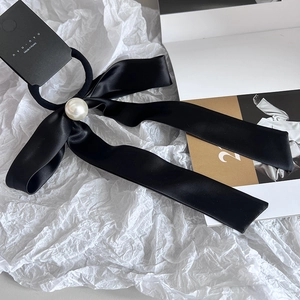 Elegant Black Satin Bow Hair Ties With Large Artificial Pearl Decoration Retro French Style Long Ribbon Ponytail Holder For Women