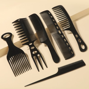 Detail view of 6-piece professional black hair comb set including tail and tooth combs