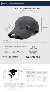 Size guide for men's cotton baseball cap showing dimensions and head circumference chart
