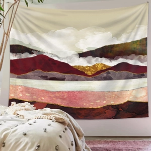 Abstract mountain landscape wall tapestry in burgundy and gold for bedroom decor