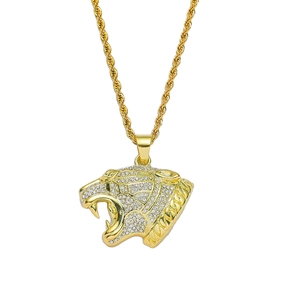 Leopard Head Pendant Necklace Zinc Alloy Rhinestone Sparkling Stainless Steel Rope Chain Hip Hop Men Jewelry