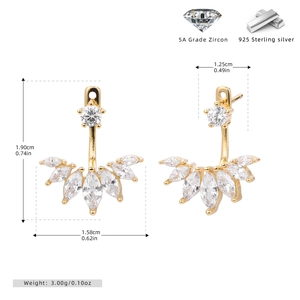 Detail view of gold fan-shaped S925 silver earrings with 5A zircons and dimensions