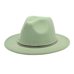 Elegant sage green felt wool jazz hat with a metallic gold and silver decorative band