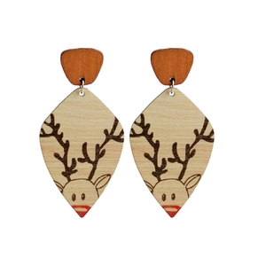 Bohemian wooden reindeer stud earrings with natural geometric forest style patterns