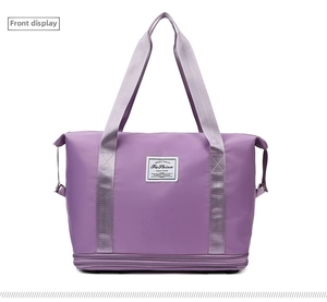 Detail of purple waterproof travel bag with bottom extension zipper and nylon texture