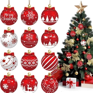 12-piece red and white wooden Christmas tree ball ornaments with festive patterns