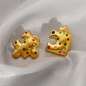 Puzzle Piece Stud Earrings Stainless Steel 18K Gold Plated With Colorful Zircon Geometric Trendy Jewelry For Women
