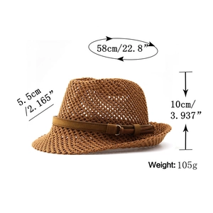 Size chart for brown straw fedora hat showing 58cm circumference and 5.5cm brim width