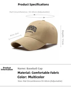 Detailed technical diagram showing adjustable 55-60cm circumference for khaki baseball cap