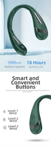 Detail showing 5000mAh battery and 18h working time for the green neck fan