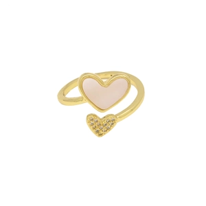 Macro shot of 18k gold open ring featuring a pink shell heart and zircon accents