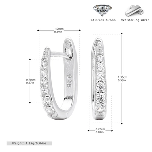 Macro detail of S925 sterling silver hoop earrings with 5A zircon and size specs