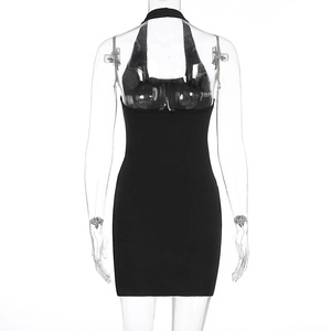 Detail of black halter neck backless mini dress on mannequin with sleek stretchy fabric