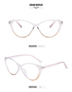 Detail view of cat eye glasses frames with purple to orange gradient finish