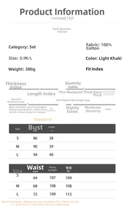 Size chart for halter top and straight pants set in light khaki cotton fabric
