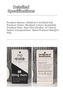 Detailed spec sheet showing grey knitted baby hat material and product tag information