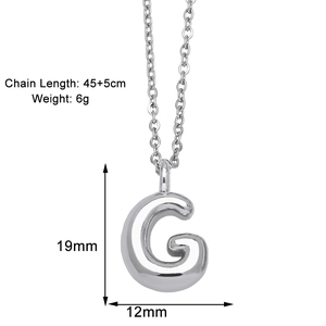 Detailed view of silver letter G pendant necklace with 45cm chain and size specifications