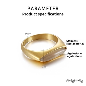 Parameter view of gold stainless steel ring with gray agate and dimensions detail