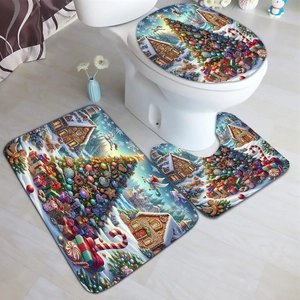Festive Christmas 3-piece bathroom mat set with gingerbread house and tree patterns