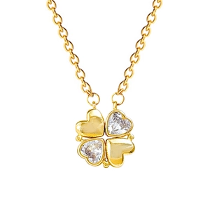 Lussuosa collana con ciondolo a quadrifoglio dorato e cristalli brillanti su catena