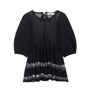 Elegant Women Embroidery Puff Sleeve Blouse Vintage Floral Tie Neck Sheer Knitted Top For Office Casual Dating Daily Wear