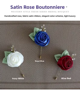 Detailed view of satin rose boutonnieres in ivory, royal blue, and wine red with long pins