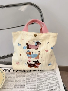 Sac fourre-tout en velours côtelé avec broderie teckel et anses en ruban rose