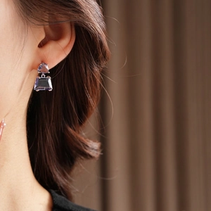 Elegant silver geometric earrings with purple trapezoid zircon stones for women