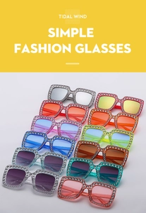Close-up of square glitter sunglasses with rhinestones in ten vibrant colors