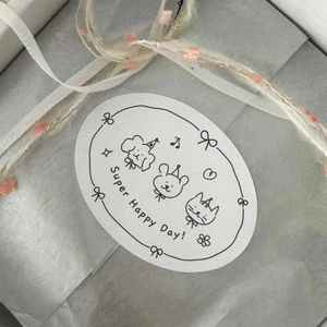 Oval gift seal stickers with cute hand-drawn animals and Super Happy Day text decor