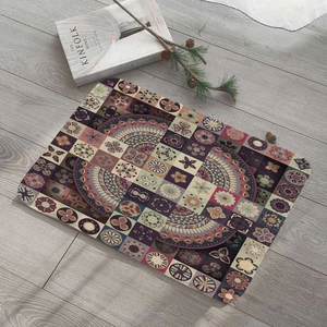 Detail of square flannel absorbent floor mat with bohemian mandala pattern on wood floor