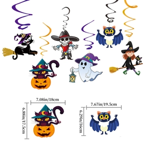 Halloween spiral hanging decorations set featuring cartoon black cat and ghost with size guides