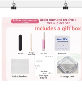 Essential press-on nail tool kit including adhesive tabs, glue, and cleaning pads