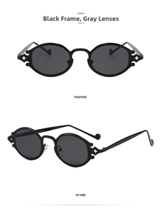 Detailed views of oval punk sunglasses with star metal accents and embossed temples