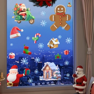 Detail of 3D Santa and snowman static window stickers on glass for Christmas home decor