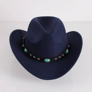 Detail of dark blue cowboy hat with turquoise gems and silver metal rivets on black band