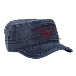 Vintage washed navy blue cotton flat top cadet cap with survivor embroidery and distressed brim