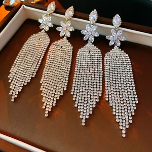 Elegant floral tassel earrings with luxury zircon crystals in gold and silver plating