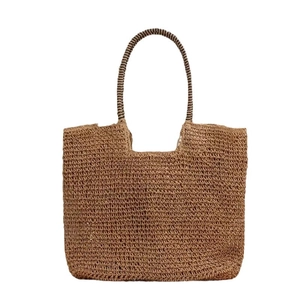 Handwoven straw tote bag with striped handles for summer beach and casual commuting