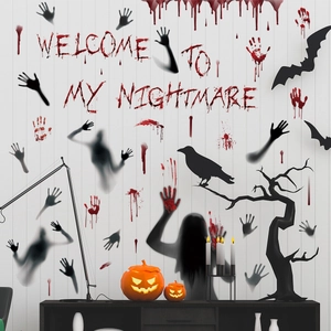 Creepy Halloween wall decals featuring blood handprints and bats for spooky home decor