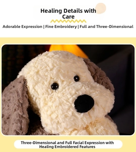 Detail of cute plush dog with fine embroidery, soft beige fur, and 3D filling texture
