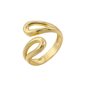 Polished golden open ring with minimalist wavy fluid design on a clean white background