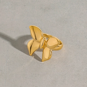 Detailed view of a polished golden butterfly ring crafted in premium titanium steel