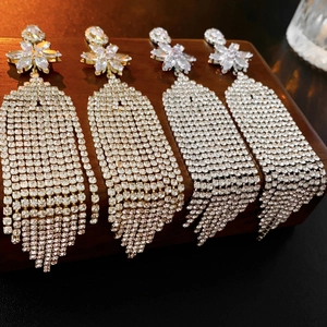 Flower Long Tassel Earrings With Rhinestone Zircon Alloy And Silver Earring Post Elegant Luxury Jewelry For Women