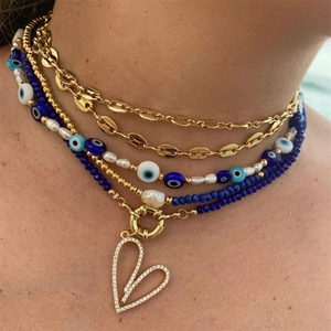 Layered Necklace With Evil Eye Beads Artificial Pearls And Heart Pendant Gold Coffee Bean Chain Bohemian Style For Women