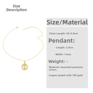 Detail showing Virgin Mary oval pendant with white zircons and 18K gold plated chain