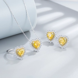 925 silver jewelry set with heart-shaped yellow gemstone ring, necklace and earrings