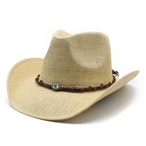 Ethnic western cowboy straw hat with turquoise evil eye bead and woven leather band