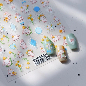 5D embossed rabbit and sweet osmanthus flower nail art stickers with matte 3D texture